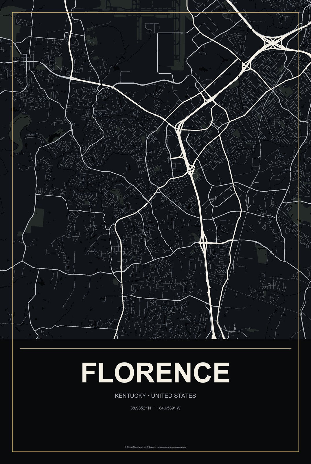Florence, Kentucky City Map Aluminum Sign in Metropolitan Noir style