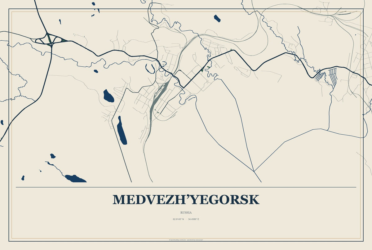 Medvezh’yegorsk, Russia City Map Aluminum Sign in Coastal Cutout style