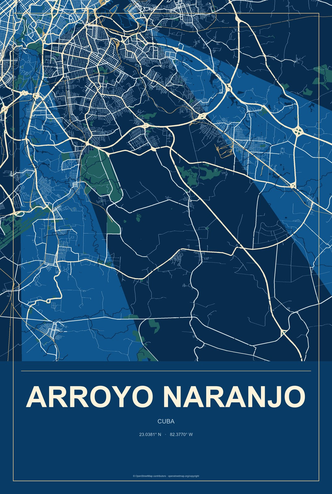 Arroyo Naranjo, Cuba City Map Aluminum Sign in Harbor Cobalt style