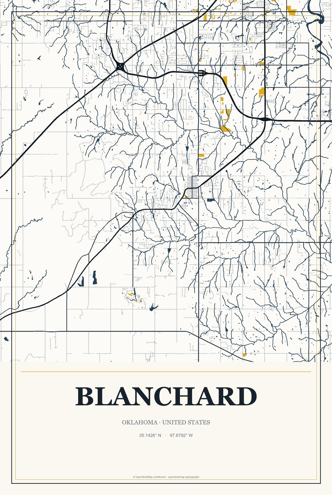 Blanchard, Oklahoma City Map Aluminum Sign in Citrine Modern style