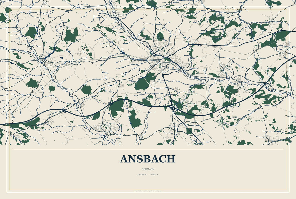 Ansbach, Germany City Map Aluminum Sign in Coastal Cutout style