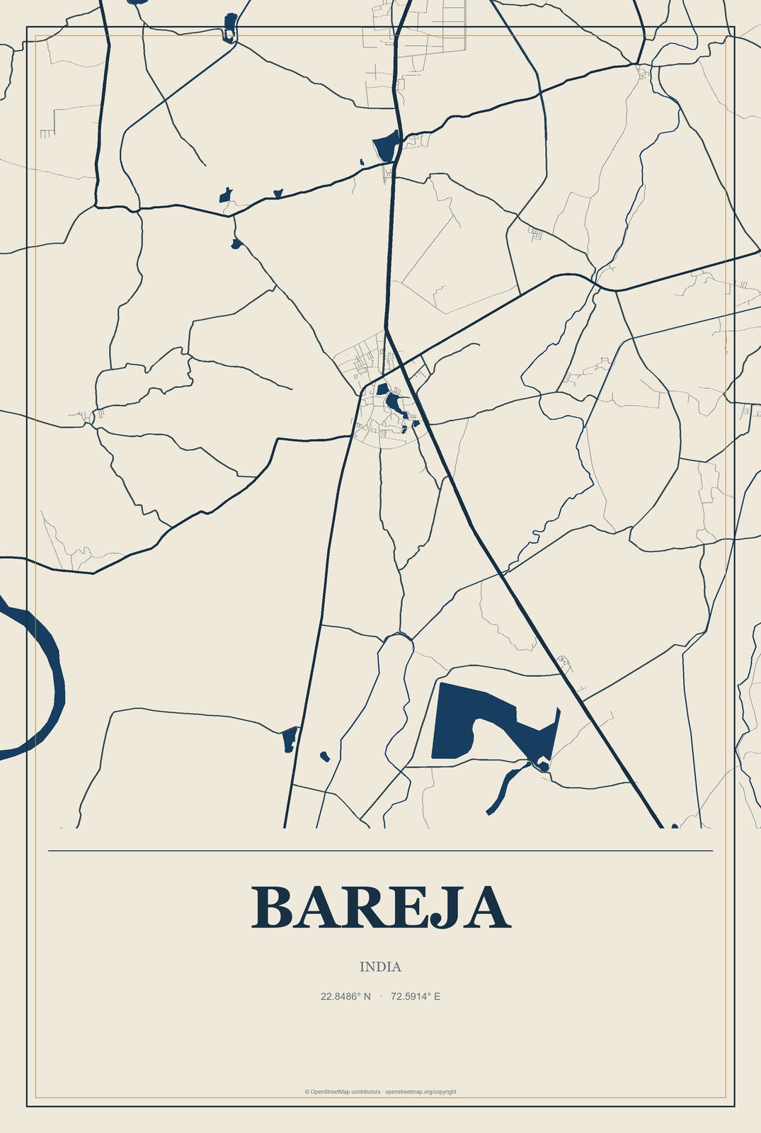 Bareja, India City Map Aluminum Sign in Coastal Cutout style