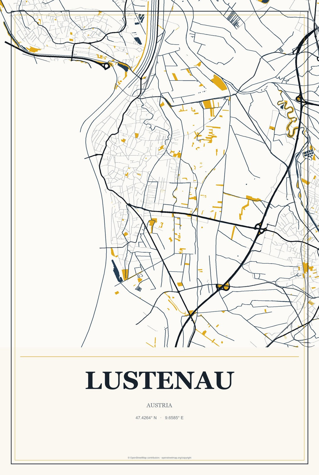 Lustenau, Austria City Map Aluminum Sign in Citrine Modern style