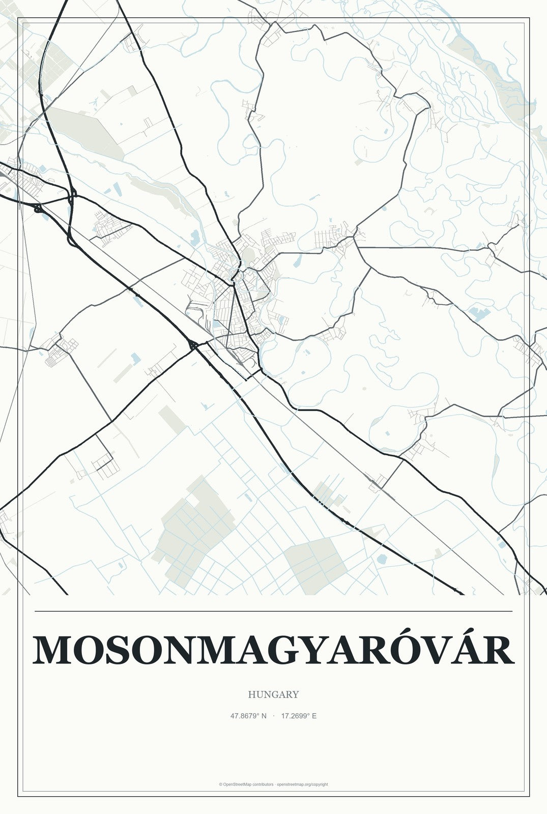 Mosonmagyaróvár, Hungary City Map Aluminum Sign in Gallery Air style