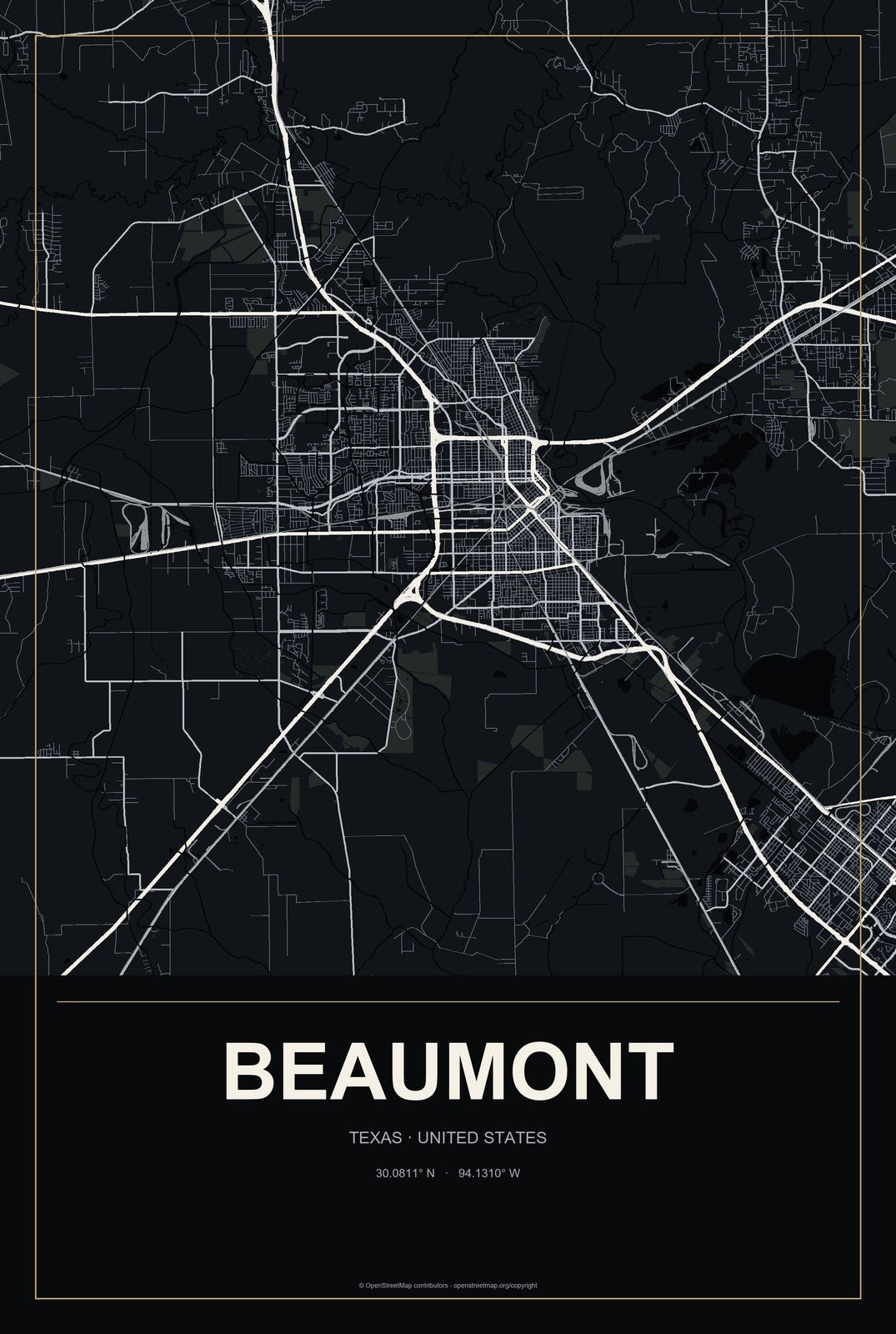 Beaumont, Texas City Map Aluminum Sign in Metropolitan Noir style