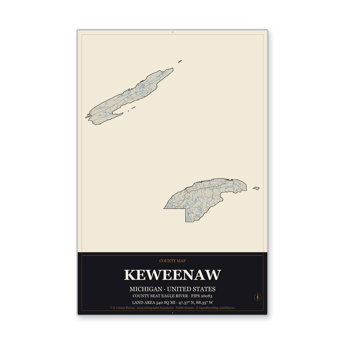 Keweenaw County, Michigan Map Aluminum Sign in Museum Plaque style