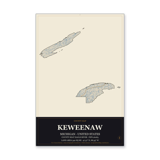 Keweenaw County, Michigan Map Aluminum Sign in Museum Plaque style