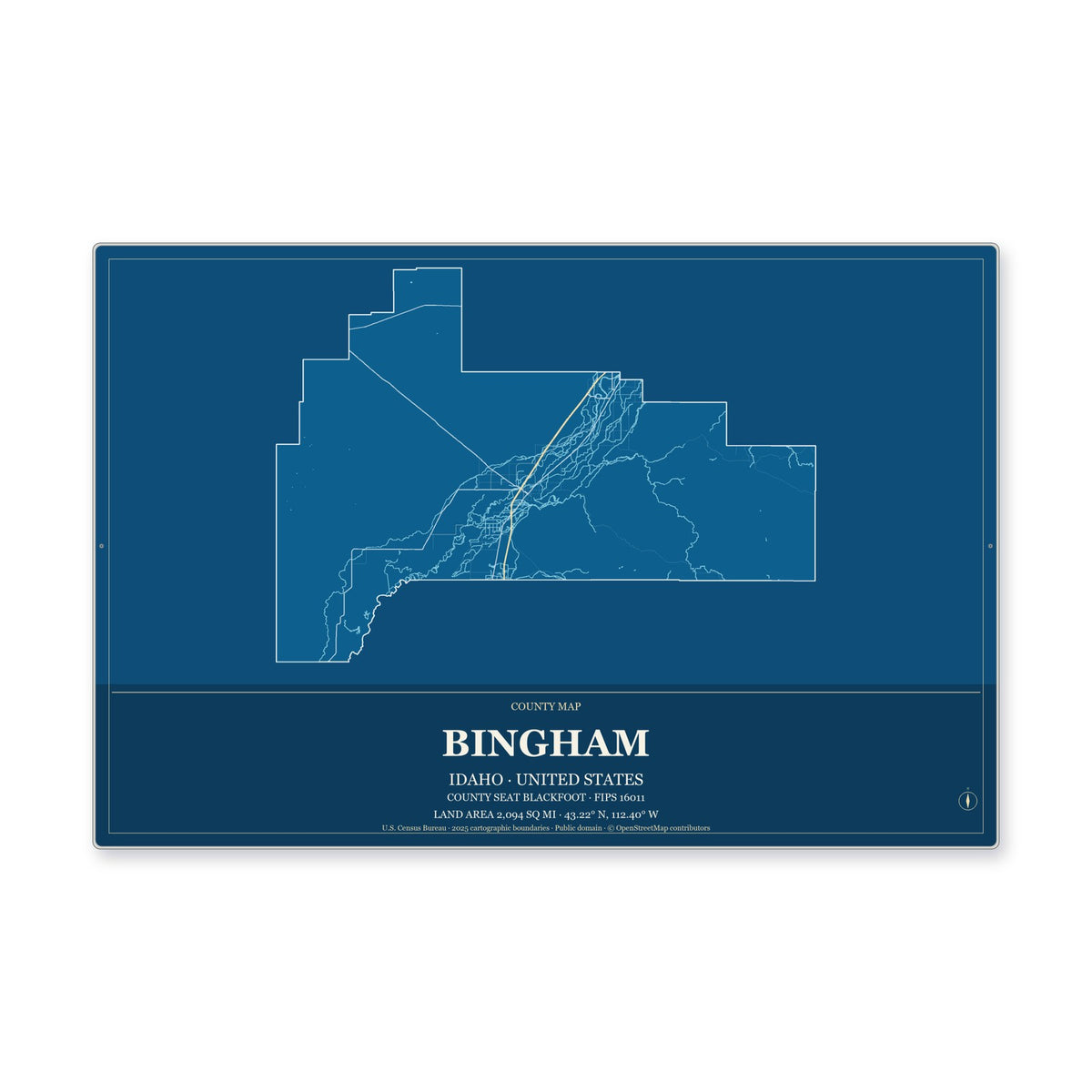 Bingham County, Idaho Map Aluminum Sign in Harbor Cobalt style