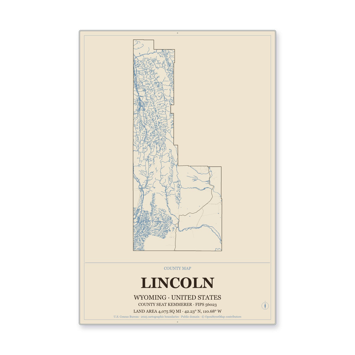 Lincoln County, Wyoming Map Aluminum Sign in Heritage Nautical style