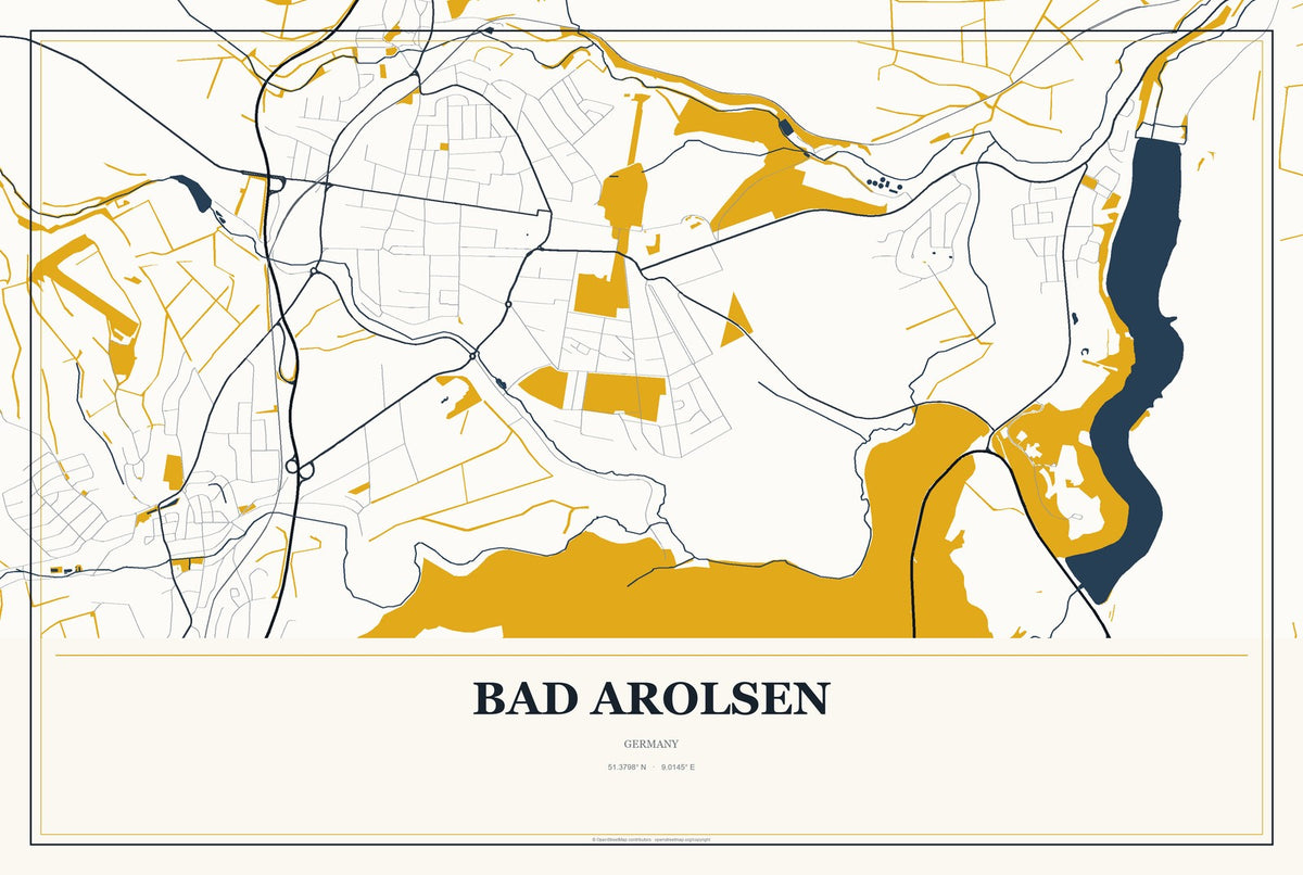 Bad Arolsen, Germany City Map Aluminum Sign in Citrine Modern style