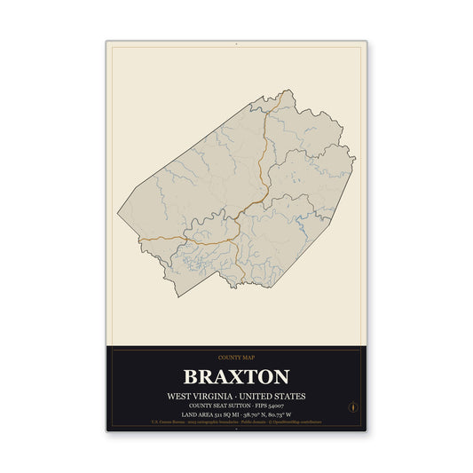 Braxton County, West Virginia Map Aluminum Sign in Museum Plaque style