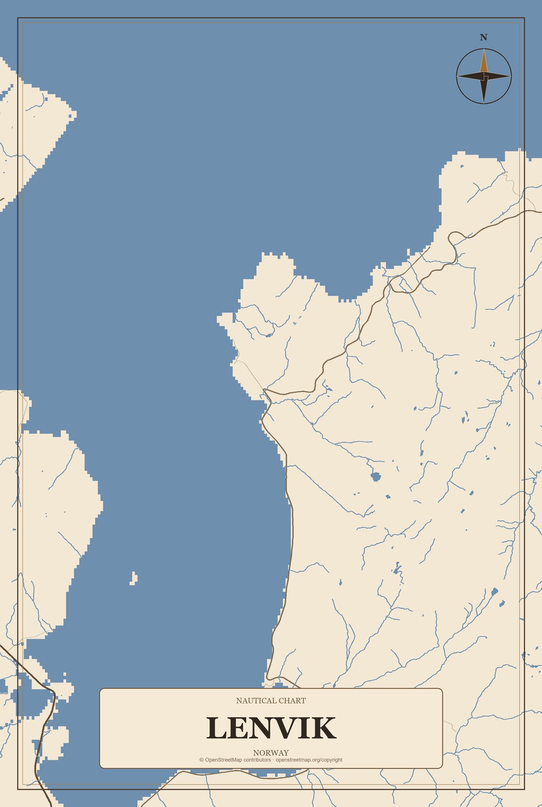 Lenvik, Norway City Map Aluminum Sign in Heritage Nautical style