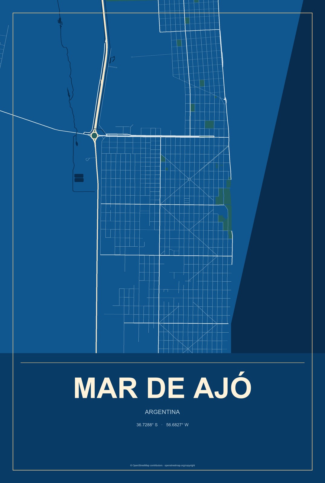 Mar de Ajó, Argentina City Map Aluminum Sign in Harbor Cobalt style
