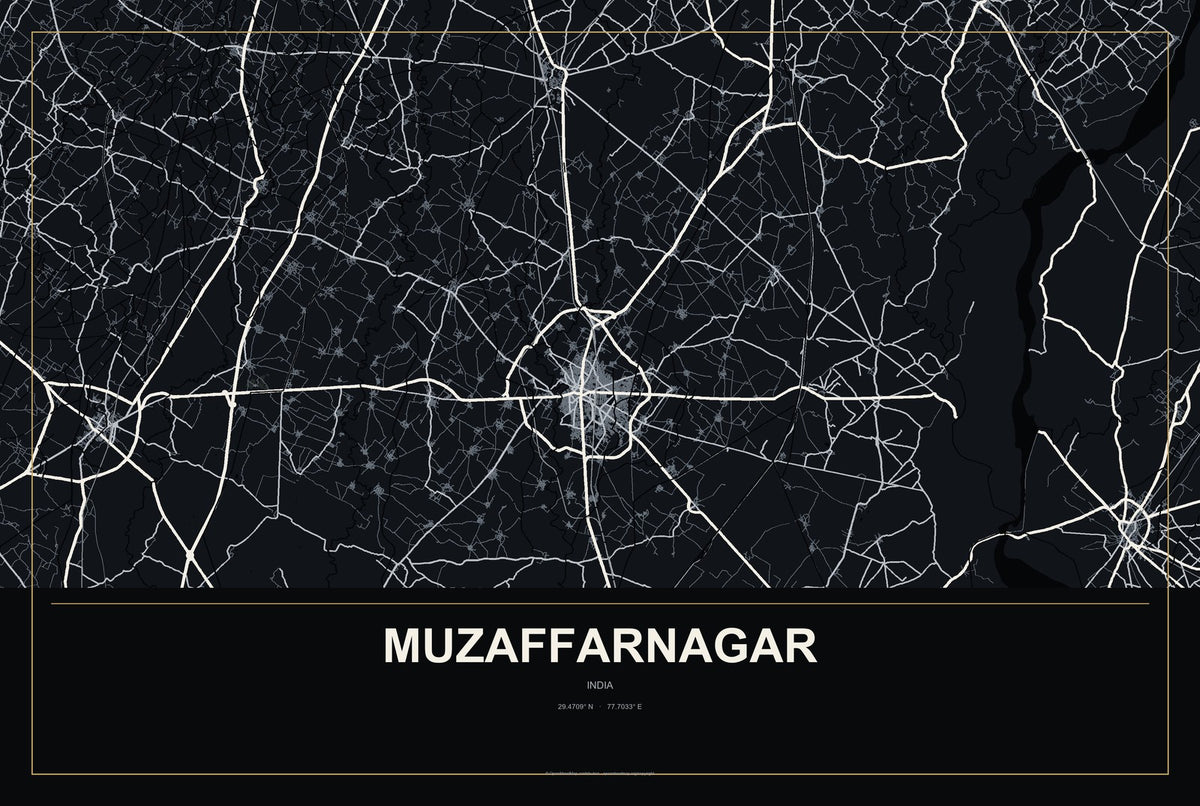 Muzaffarnagar, India City Map Aluminum Sign in Metropolitan Noir style