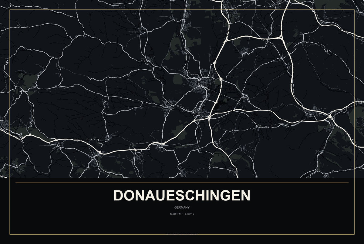 Donaueschingen, Germany City Map Aluminum Sign in Metropolitan Noir style