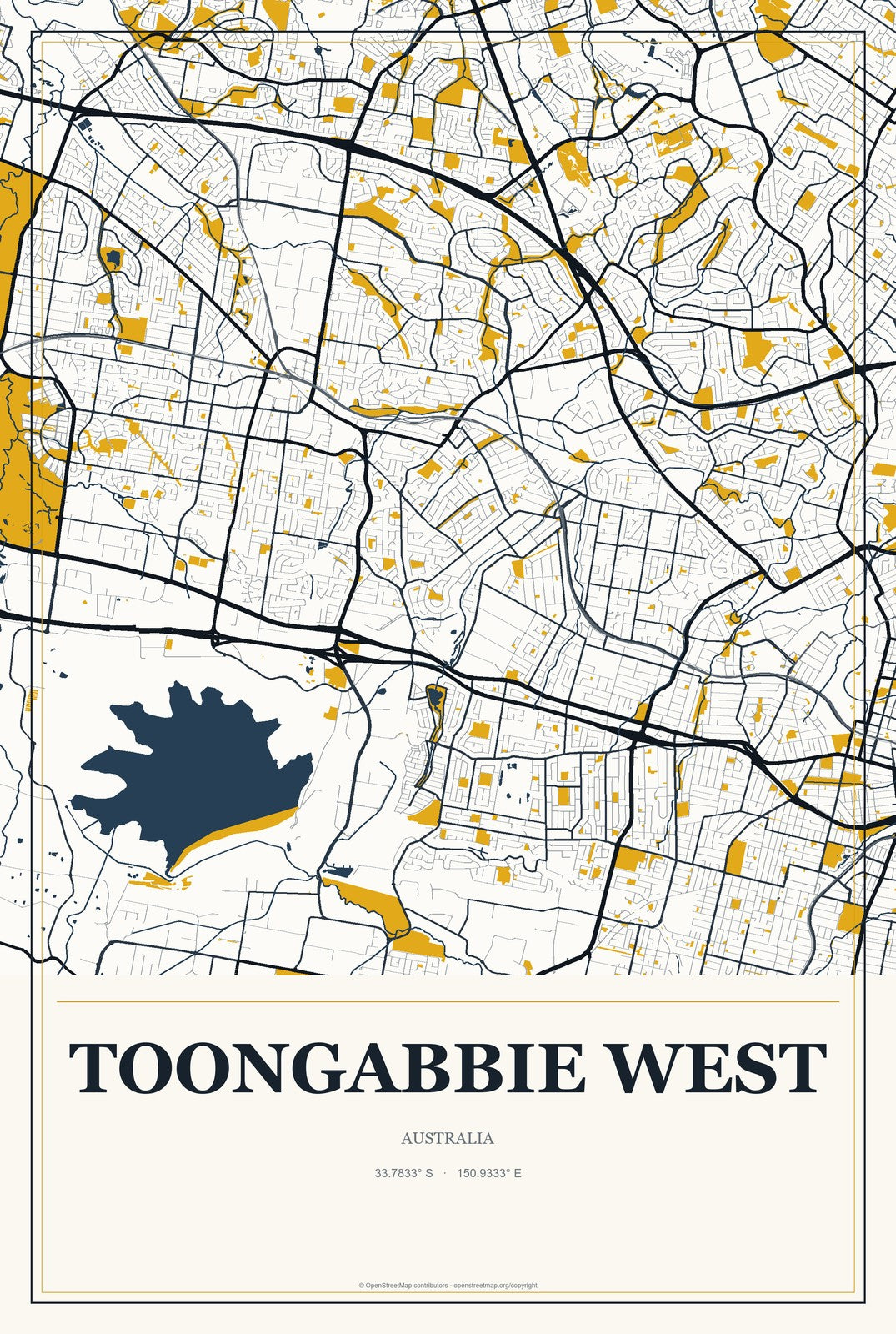 Toongabbie West, Australia City Map Aluminum Sign in Citrine Modern style