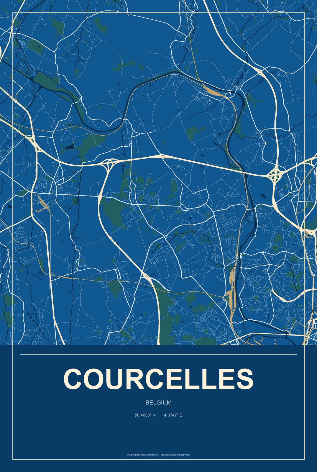 Courcelles, Belgium City Map Aluminum Sign in Harbor Cobalt style