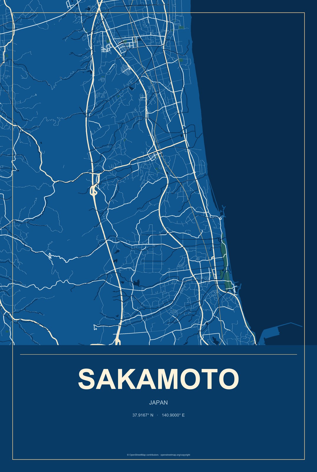 Sakamoto, Japan City Map Aluminum Sign in Harbor Cobalt style