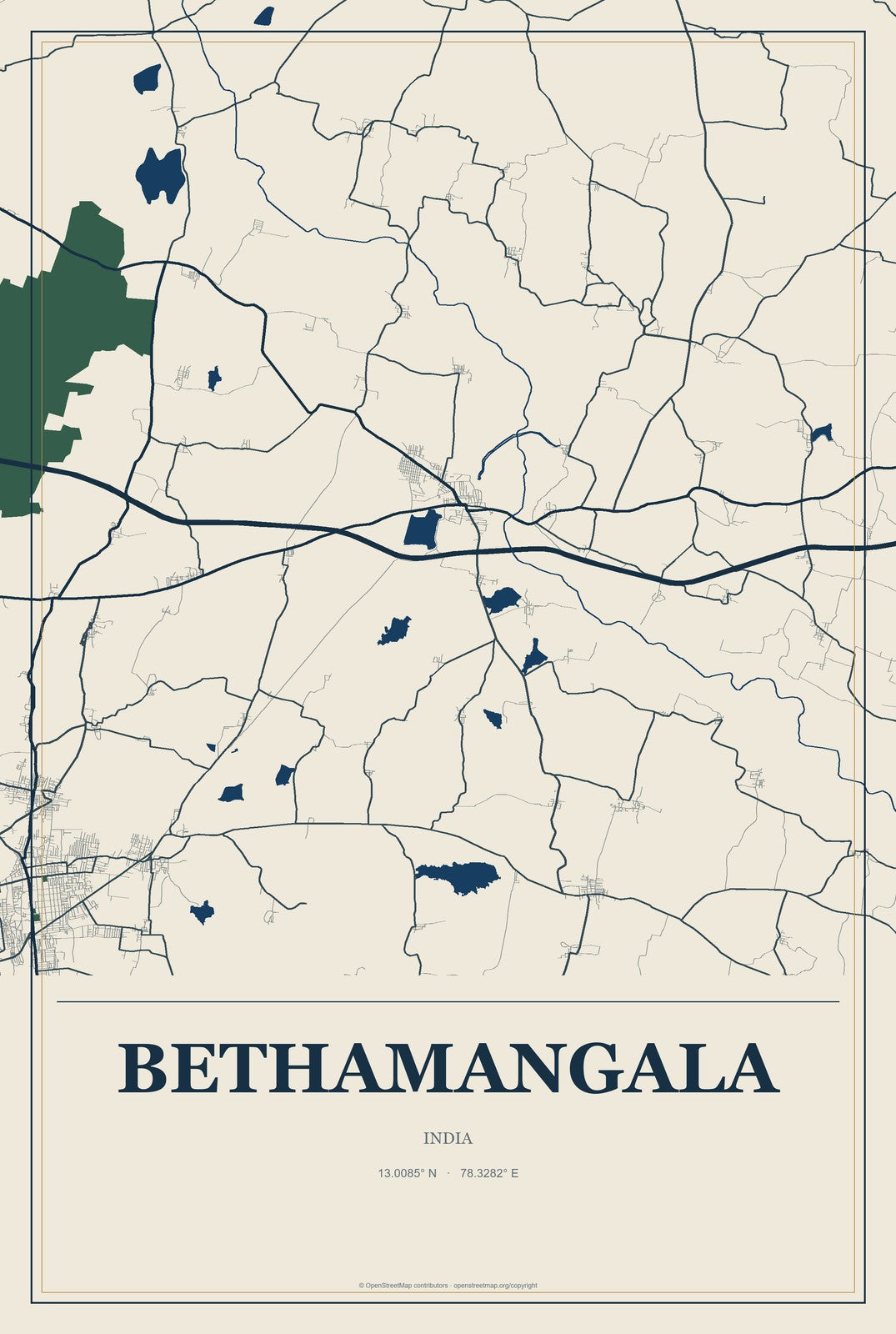 Bethamangala, India City Map Aluminum Sign in Coastal Cutout style