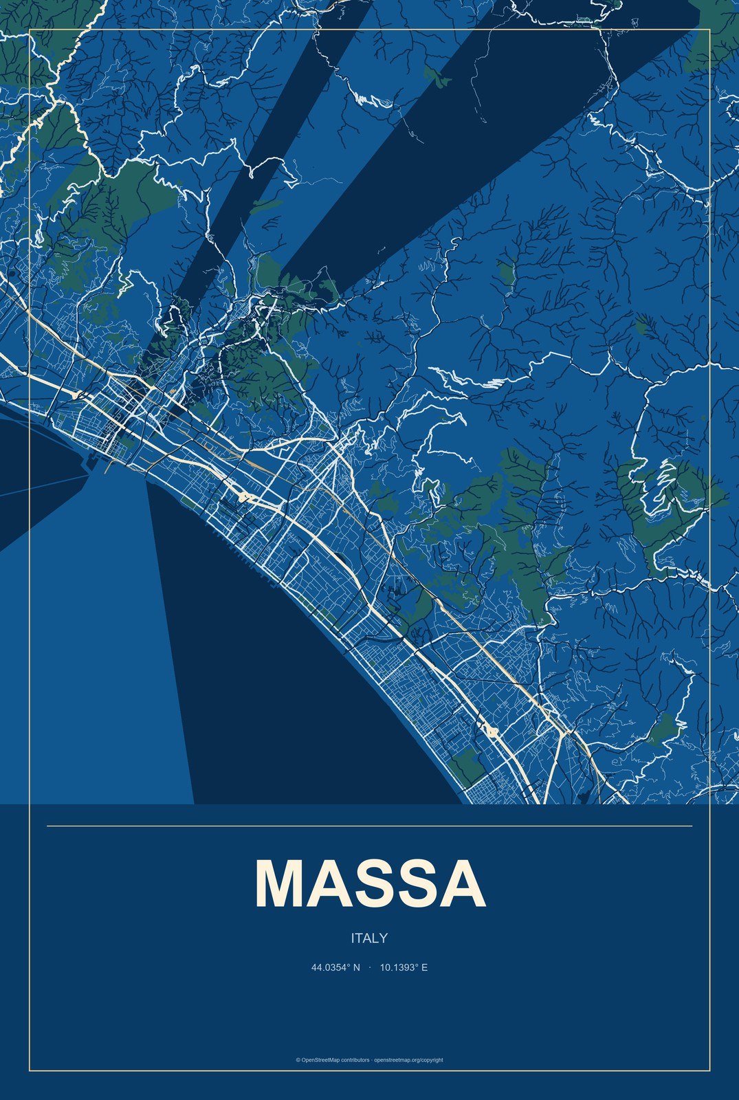 Massa, Italy City Map Aluminum Sign in Harbor Cobalt style