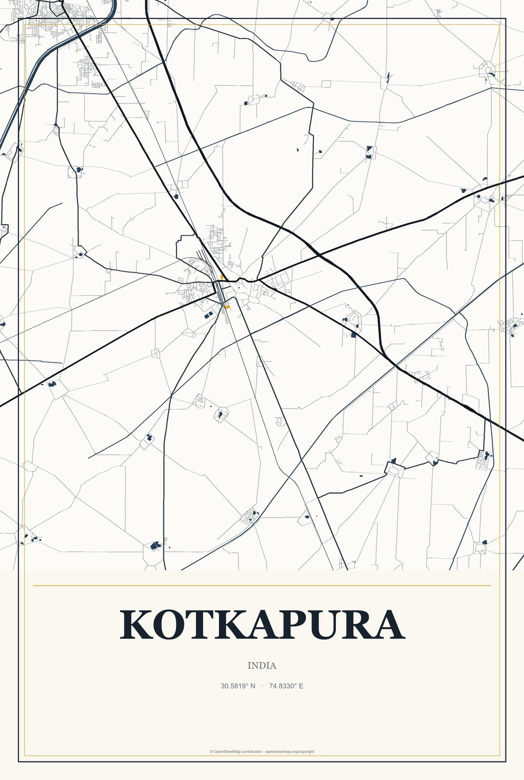 Kotkapura, India City Map Aluminum Sign in Citrine Modern style
