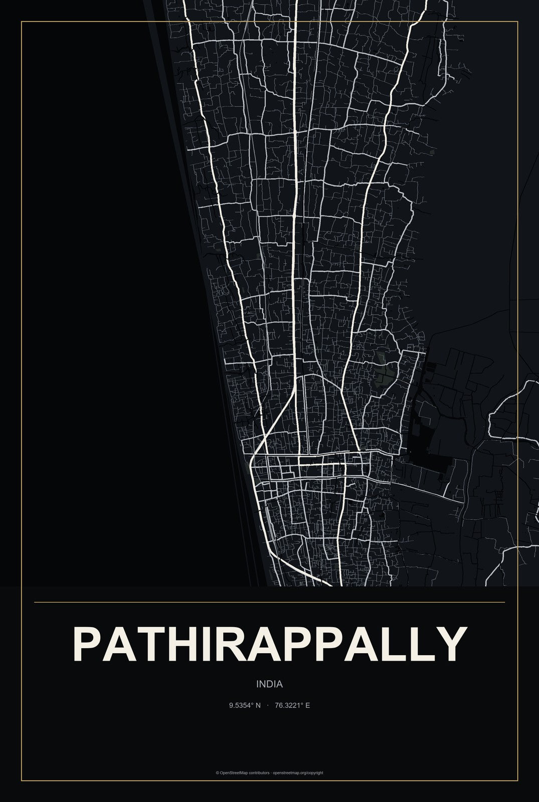 Pathirappally, India City Map Aluminum Sign in Metropolitan Noir style