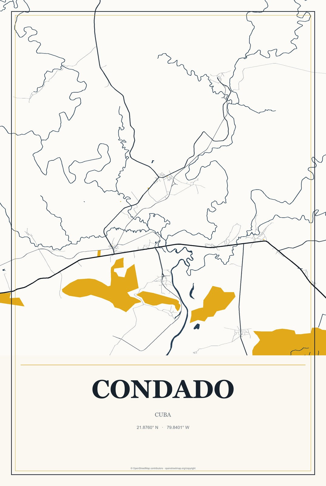 Condado, Cuba City Map Aluminum Sign in Citrine Modern style