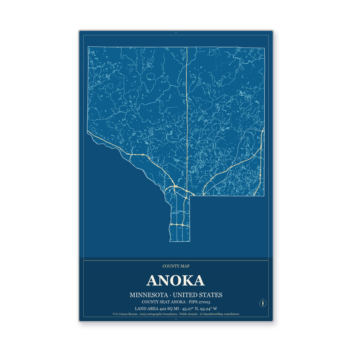Anoka County, Minnesota Map Aluminum Sign in Harbor Cobalt style