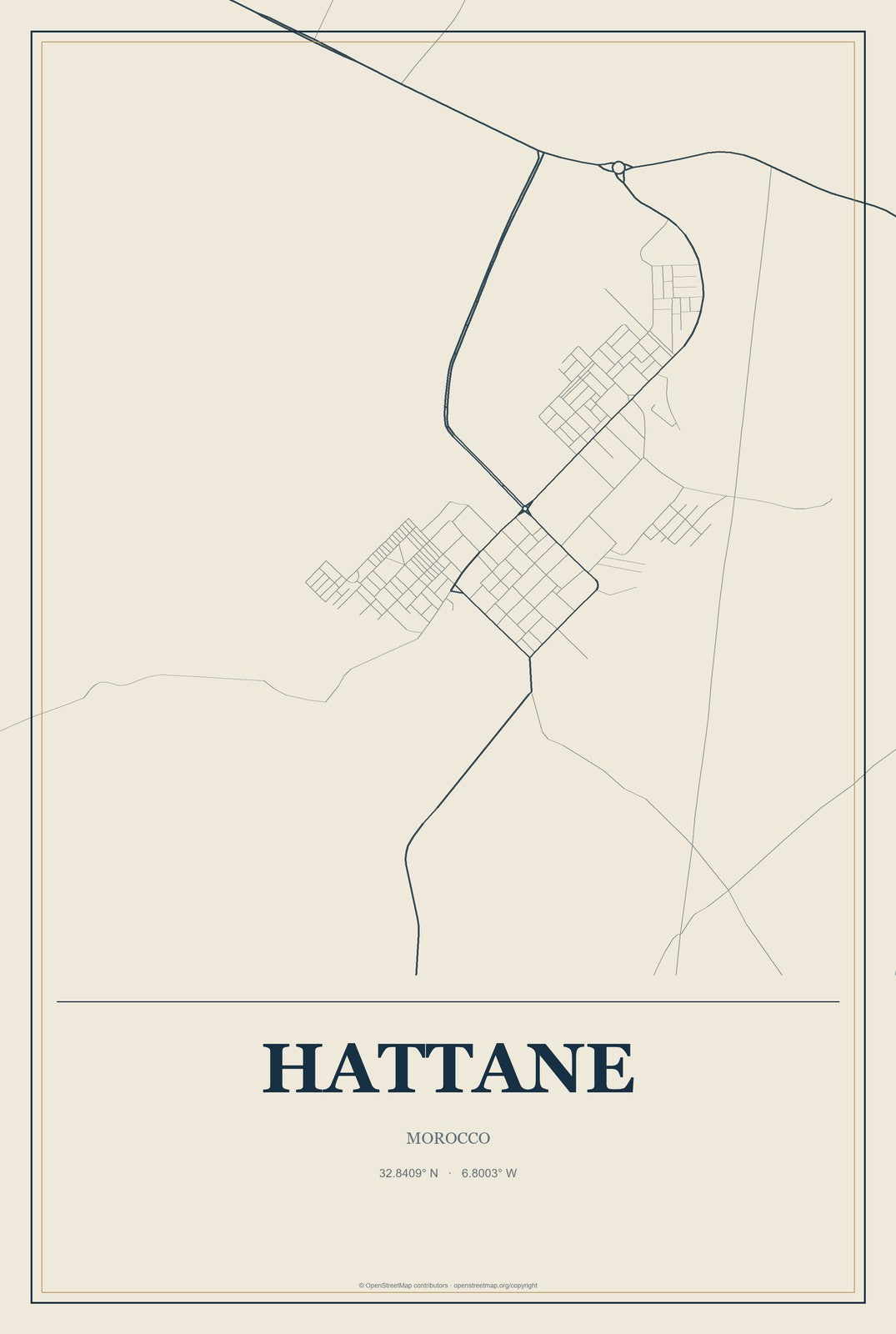 Hattane, Morocco City Map Aluminum Sign in Coastal Cutout style