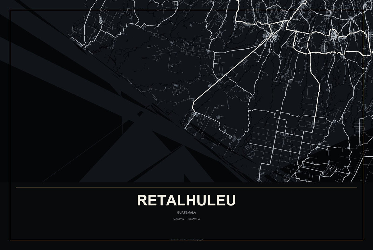 Retalhuleu, Guatemala City Map Aluminum Sign in Metropolitan Noir style