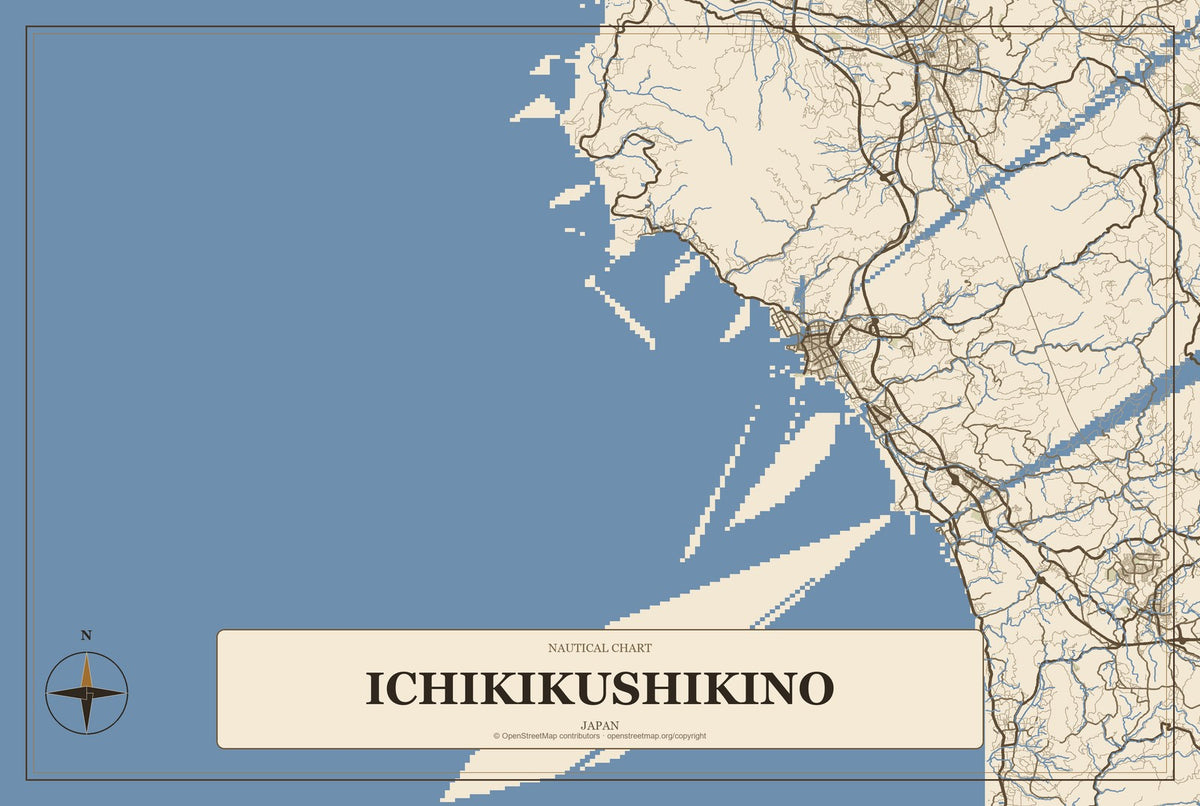 Ichikikushikino, Japan City Map Aluminum Sign in Heritage Nautical style