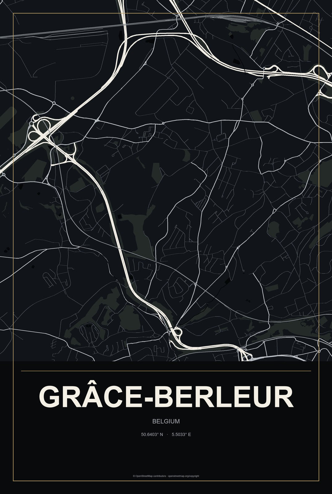 Grâce-Berleur, Belgium City Map Aluminum Sign in Metropolitan Noir style