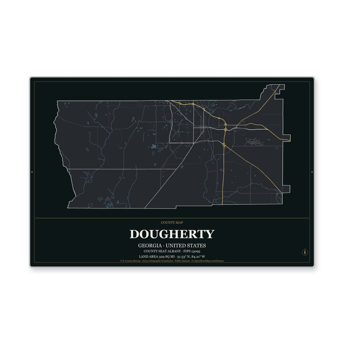 Dougherty County, Georgia Map Aluminum Sign in Metropolitan Noir style