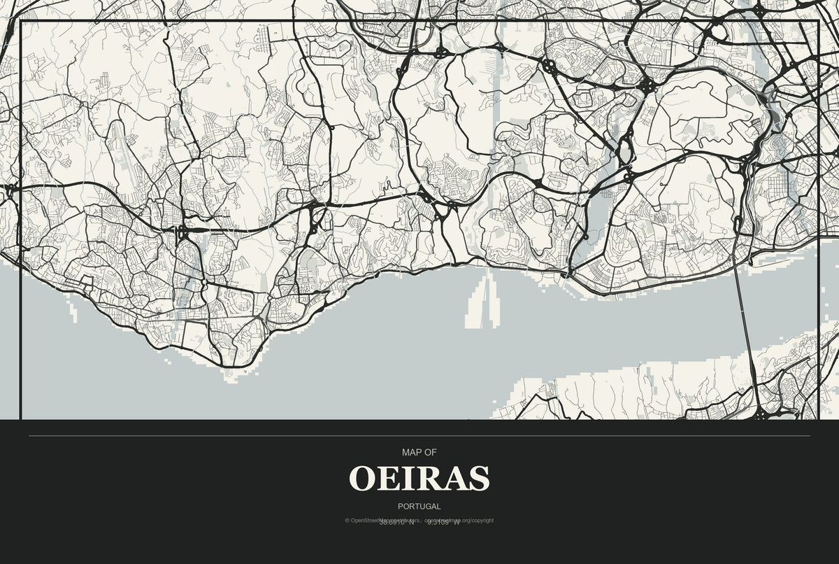 Oeiras, Portugal City Map Aluminum Sign in Museum Plaque style