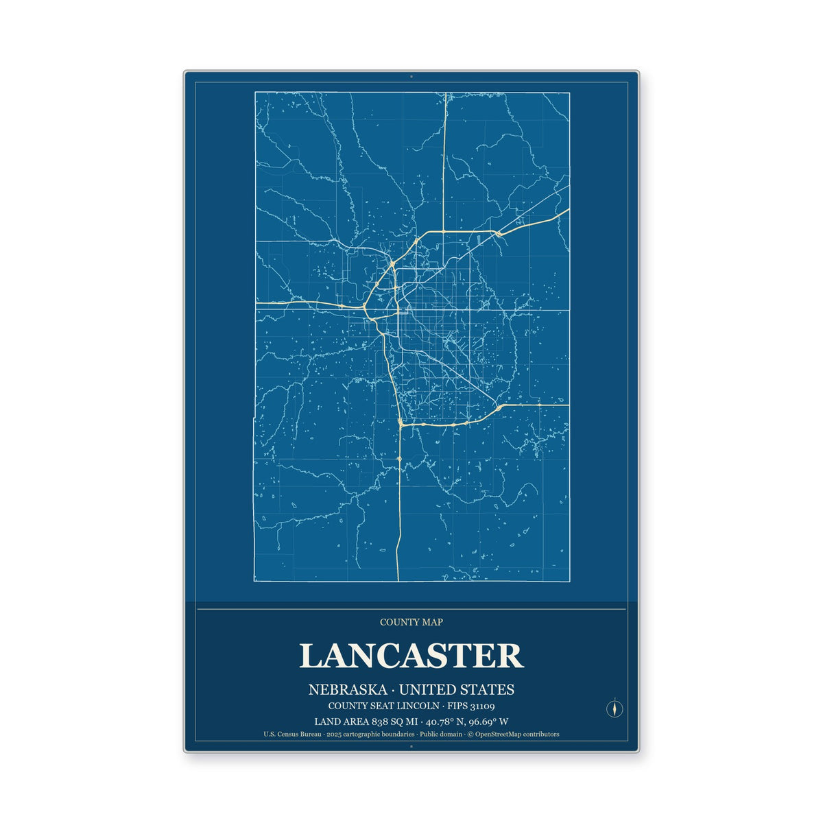 Lancaster County, Nebraska Map Aluminum Sign in Harbor Cobalt style