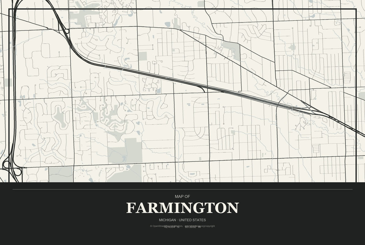 Farmington, Michigan City Map Aluminum Sign in Museum Plaque style