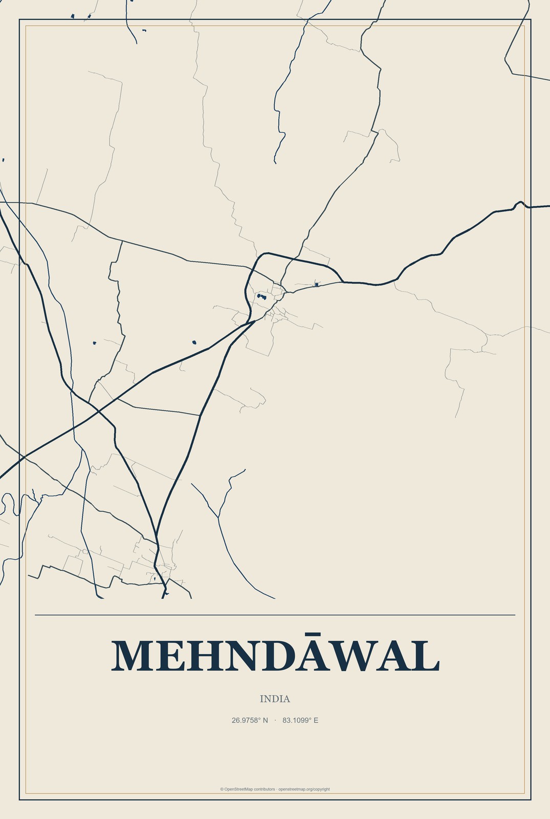Mehndāwal, India City Map Aluminum Sign in Coastal Cutout style