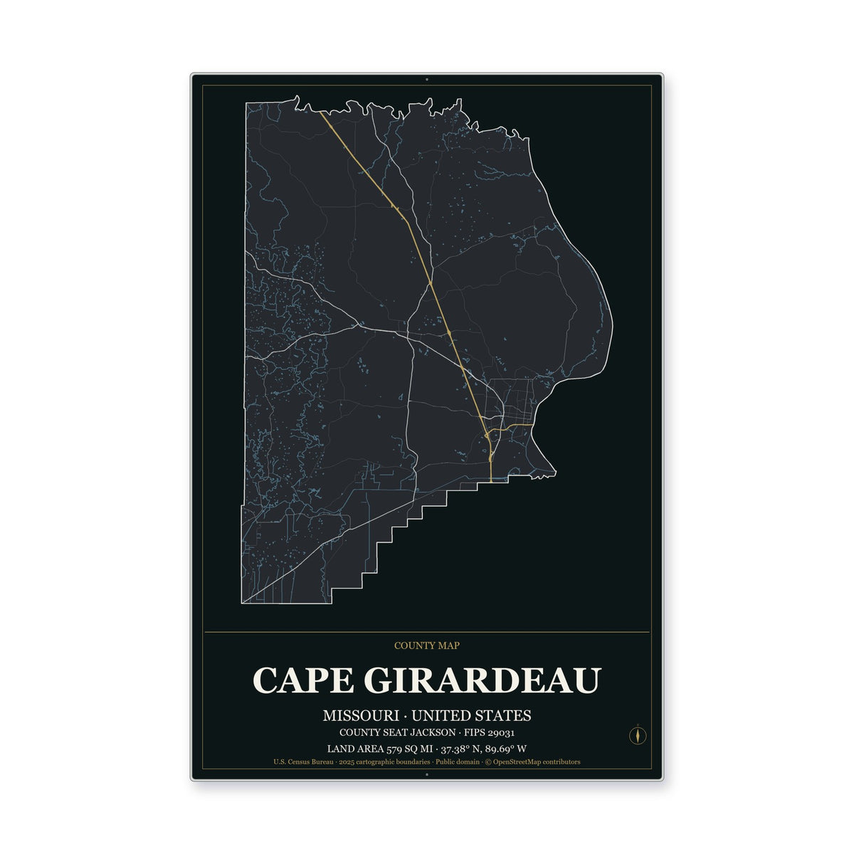 Cape Girardeau County, Missouri Map Aluminum Sign in Metropolitan Noir style