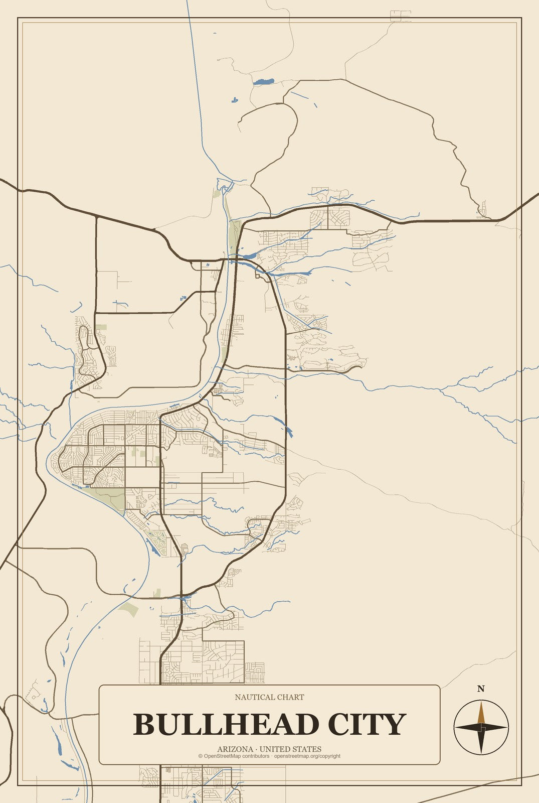 Bullhead City, Arizona City Map Aluminum Sign in Heritage Nautical style