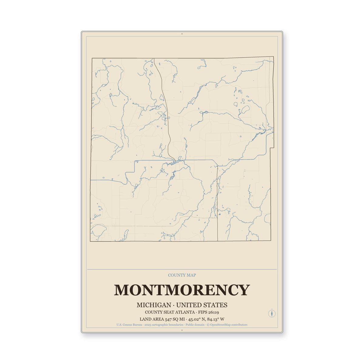Montmorency County, Michigan Map Aluminum Sign in Heritage Nautical style