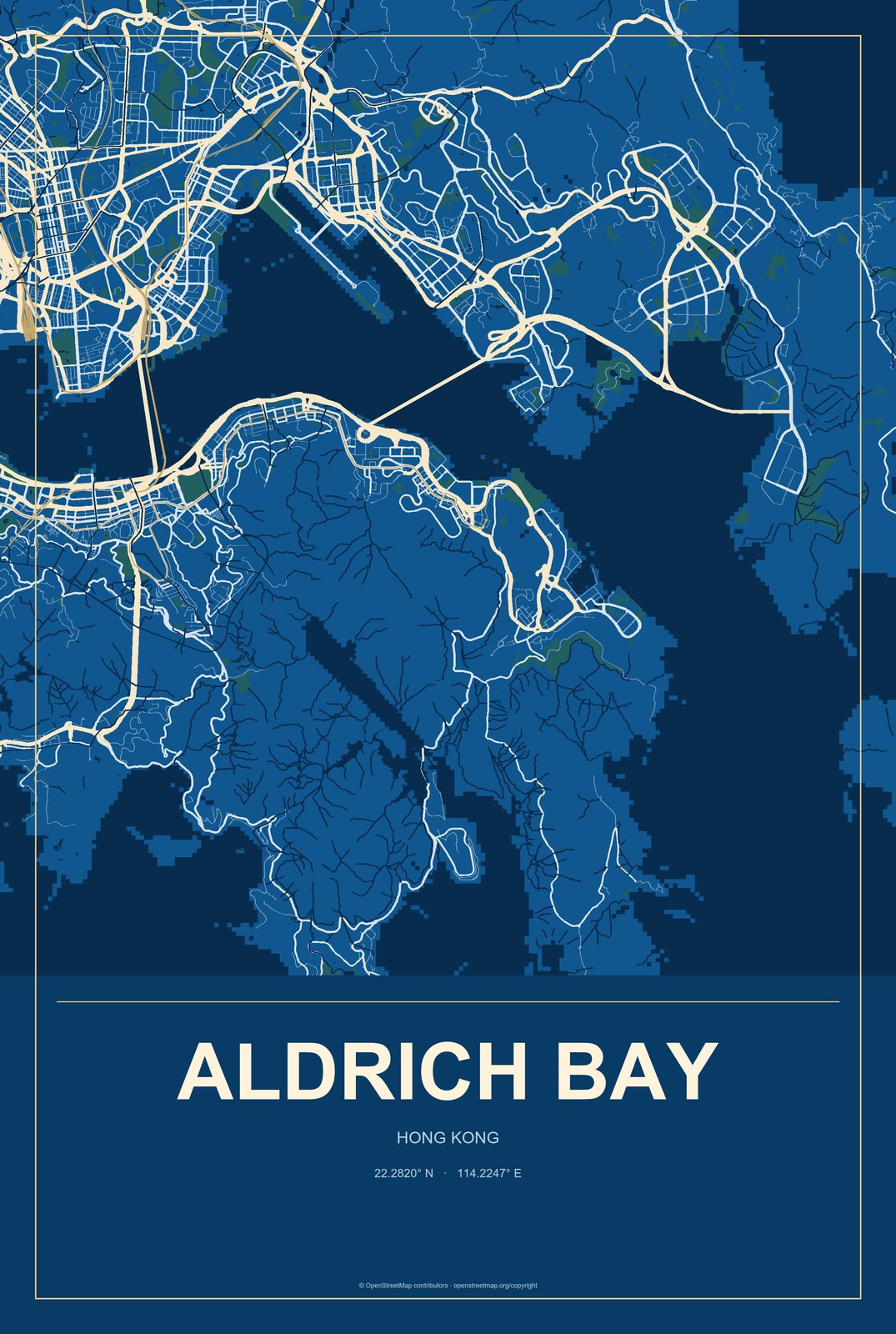 Aldrich Bay, Hong Kong City Map Aluminum Sign in Harbor Cobalt style