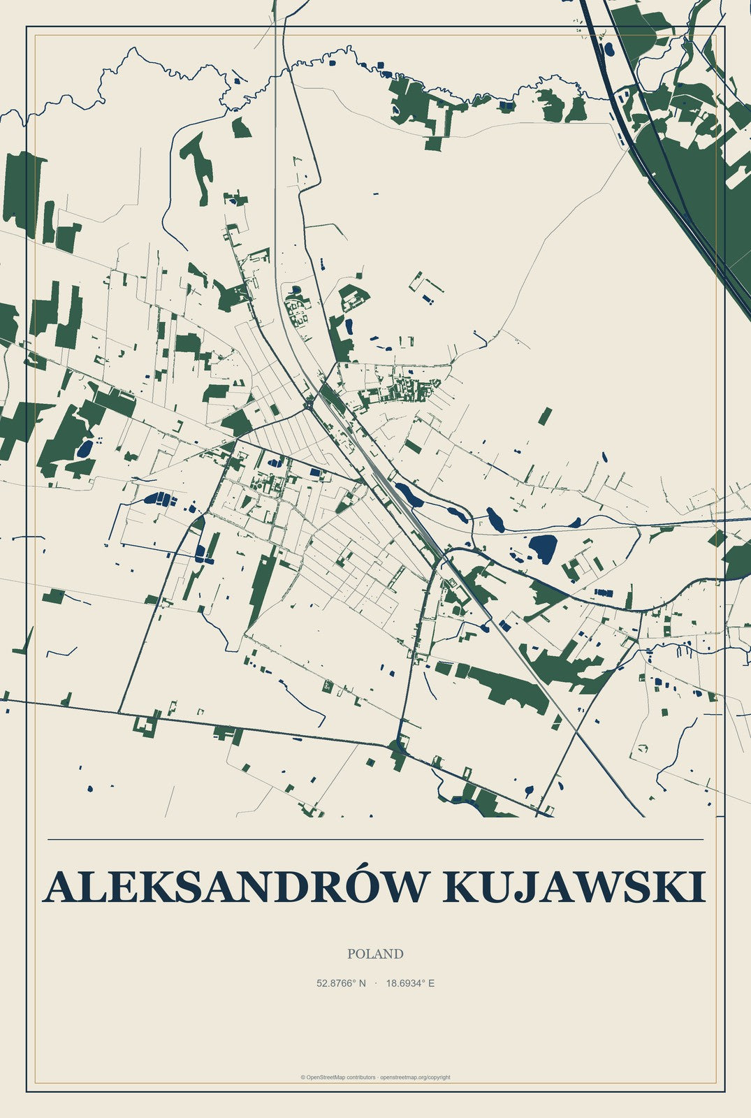 Aleksandrów Kujawski, Poland City Map Aluminum Sign in Coastal Cutout style