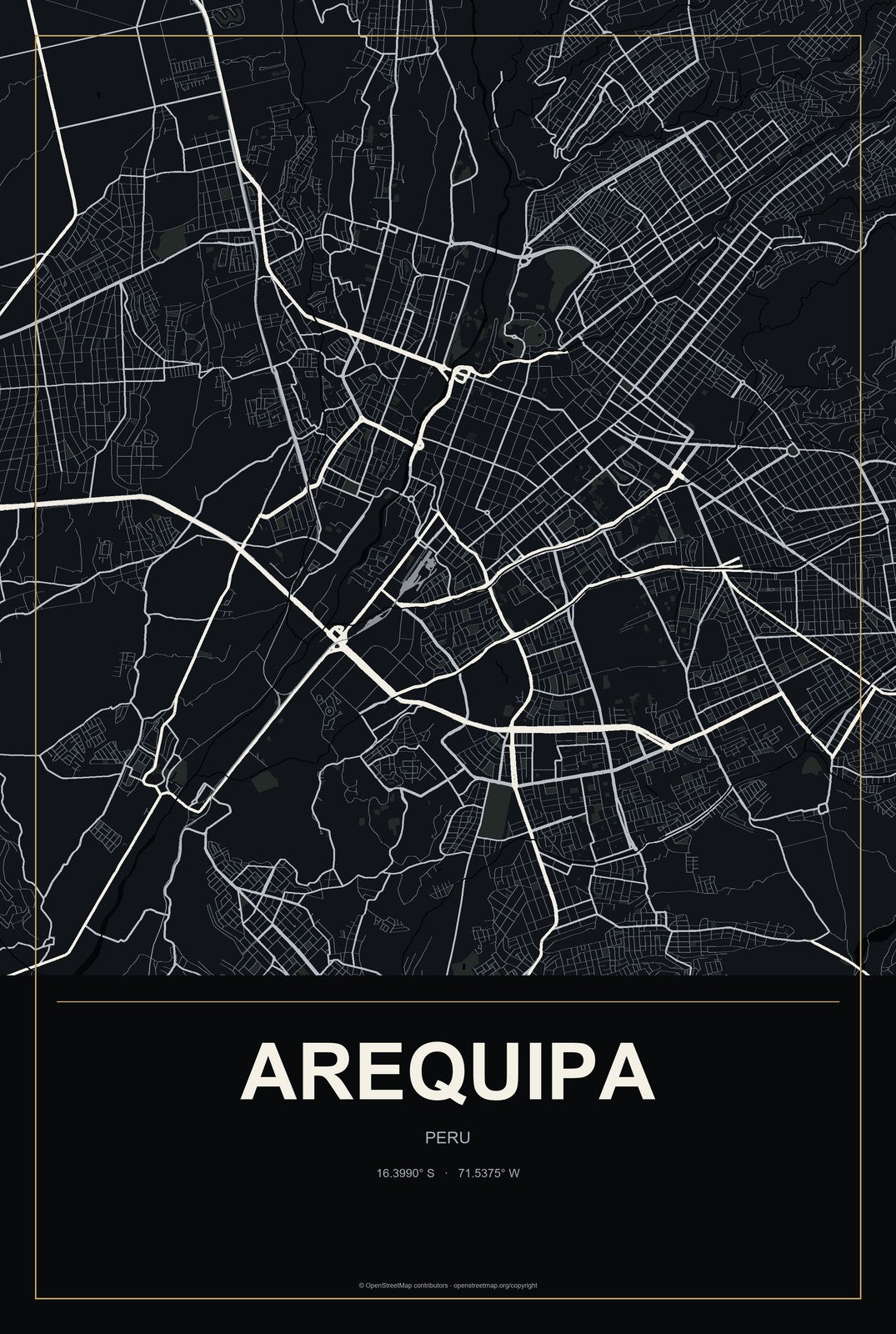 Arequipa, Peru City Map Aluminum Sign in Metropolitan Noir style