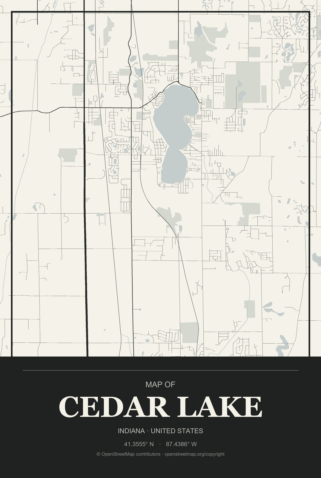 Cedar Lake, Indiana City Map Aluminum Sign in Museum Plaque style