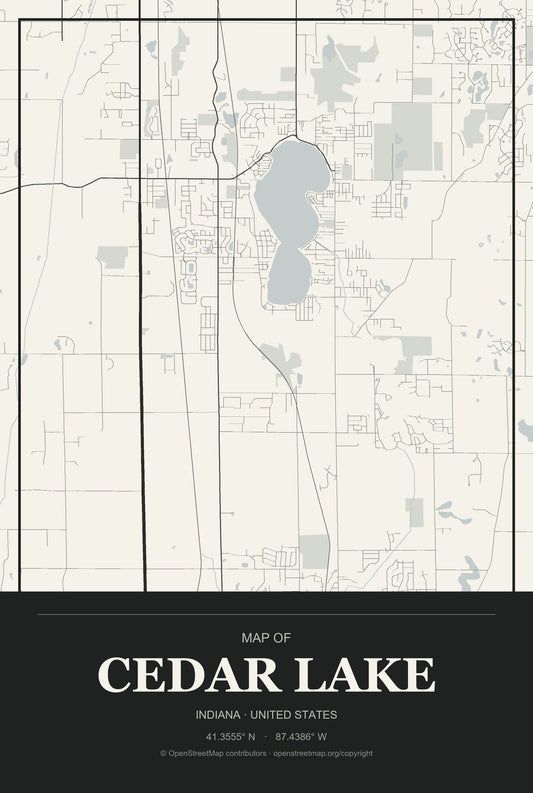 Cedar Lake, Indiana City Map Aluminum Sign in Museum Plaque style