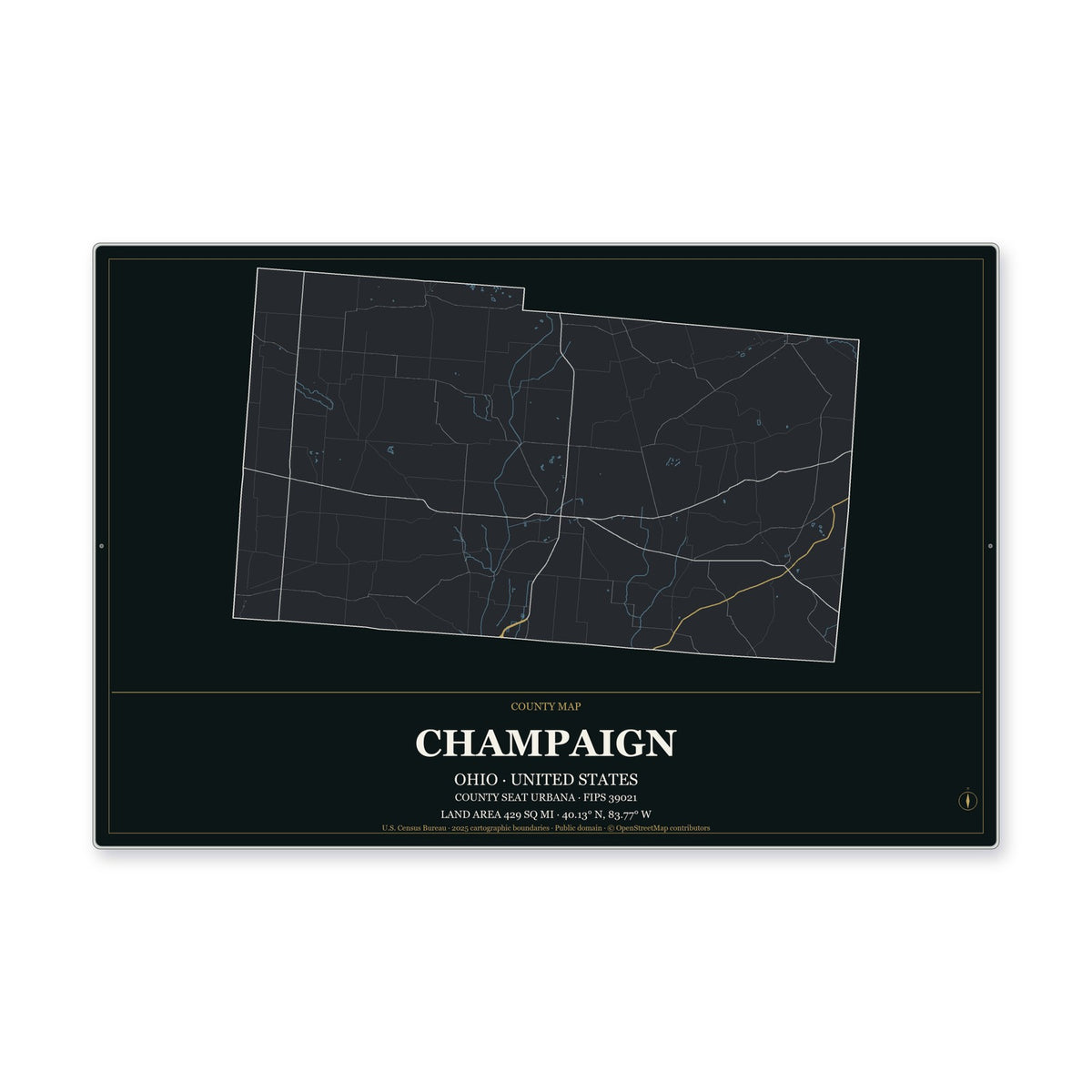 Champaign County, Ohio Map Aluminum Sign in Metropolitan Noir style