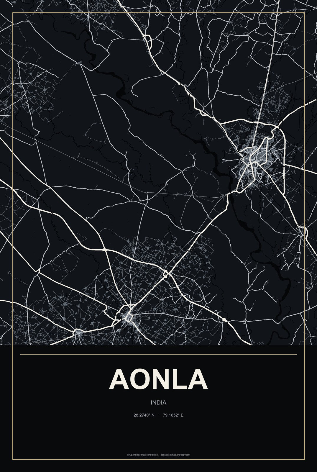 Aonla, India City Map Aluminum Sign in Metropolitan Noir style