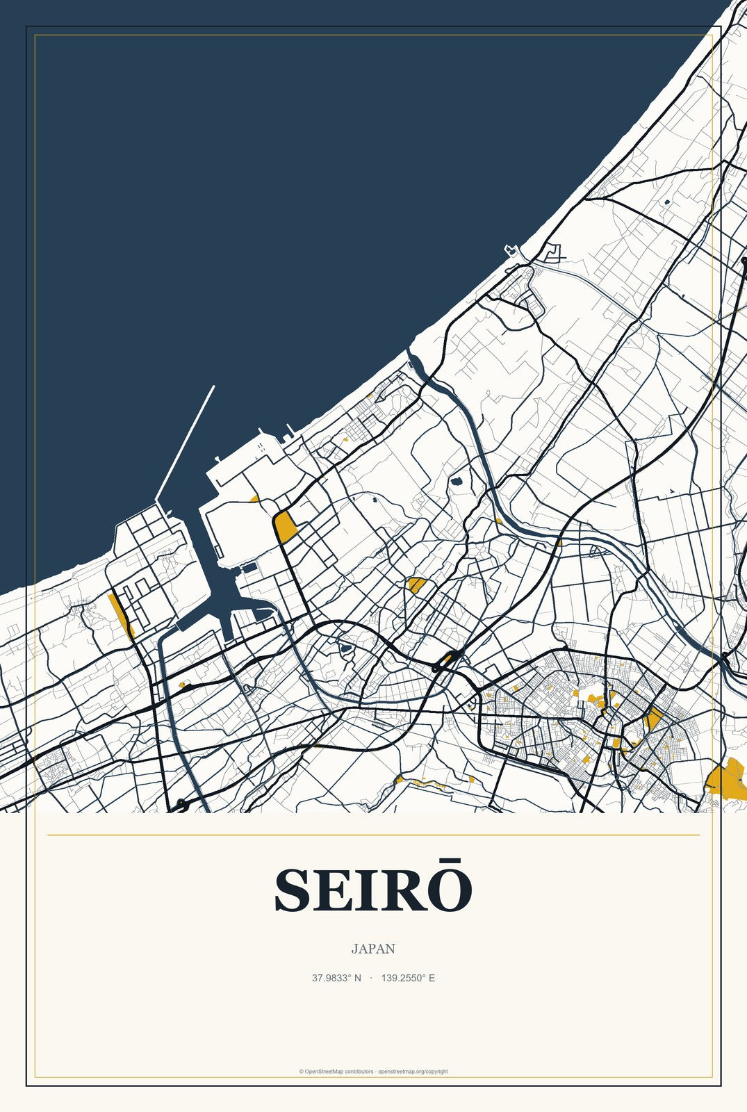 Seirō, Japan City Map Aluminum Sign in Citrine Modern style
