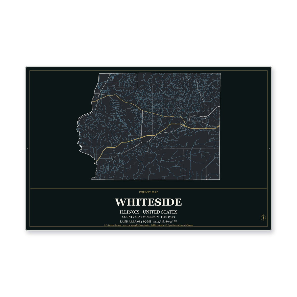 Whiteside County, Illinois Map Aluminum Sign in Metropolitan Noir style