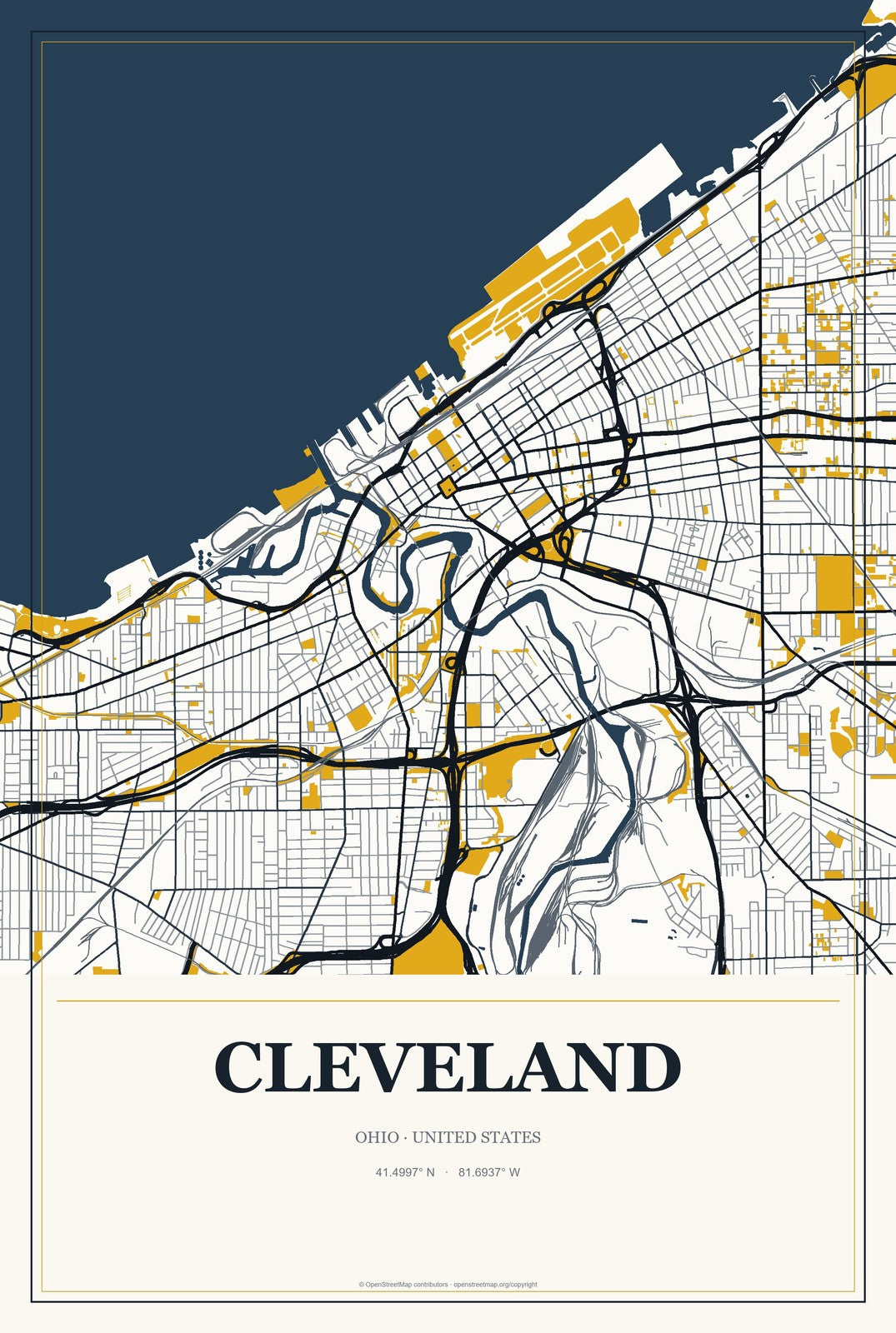 Cleveland, Ohio City Map Aluminum Sign in Citrine Modern style
